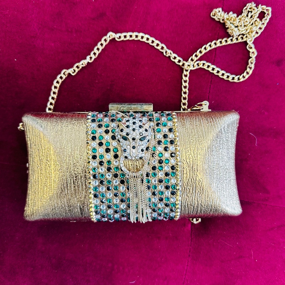 Gold Embellished Clutch with Chain